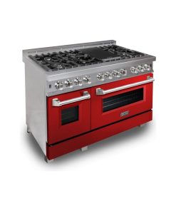 ZLINE 48" Professional Dual Fuel Range in DuraSnow?with Red Gloss Door