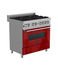 ZLINE 36" Range Gas Stove/Electric Oven, DuraSnow and Red Gloss Door