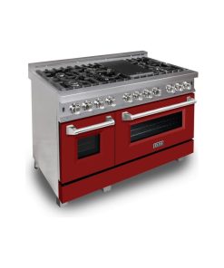 ZLINE 48" Professional Dual Fuel Range in DuraSnow?with Red Matte Door