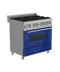 ZLINE 36" Range Gas Stove and Electric Oven, DuraSnow and Blue Gloss