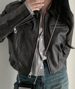 Zip Up Lapel Neck Leather Short Jacket
