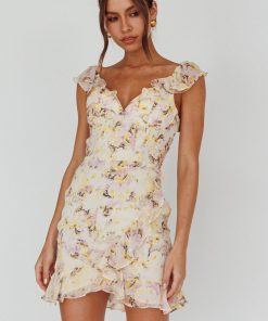 MAKE MEMORIES FRILL STRAP MINI DRESS FLORAL YELLOW