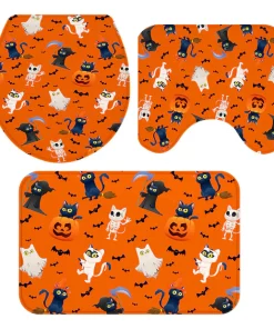 1 Set Floor Mat Strong Water Absorption Decorative Pumpkin Printed 3-Piece Shower Curtain Toilet Seat Cover Set for Daily Use-2 F
