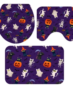 1 Set Floor Mat Strong Water Absorption Decorative Pumpkin Printed 3-Piece Shower Curtain Toilet Seat Cover Set for Daily Use-2 G
