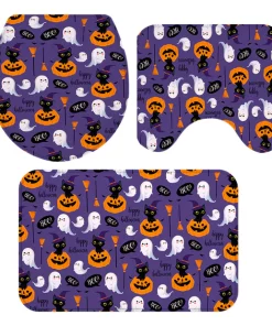 1 Set Floor Mat Strong Water Absorption Decorative Pumpkin Printed 3-Piece Shower Curtain Toilet Seat Cover Set for Daily Use-3 A