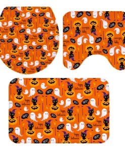 1 Set Floor Mat Strong Water Absorption Decorative Pumpkin Printed 3-Piece Shower Curtain Toilet Seat Cover Set for Daily Use-2 H