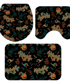 1 Set Floor Mat Strong Water Absorption Decorative Pumpkin Printed 3-Piece Shower Curtain Toilet Seat Cover Set for Daily Use-2 E