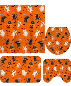 1 Set Floor Mat Strong Water Absorption Decorative Pumpkin Printed 3-Piece Shower Curtain Toilet Seat Cover Set for Daily Use-3 F