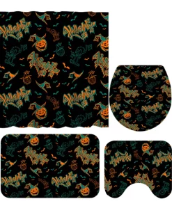 1 Set Floor Mat Strong Water Absorption Decorative Pumpkin Printed 3-Piece Shower Curtain Toilet Seat Cover Set for Daily Use-3 E
