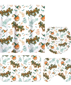 1 Set Floor Mat Strong Water Absorption Decorative Pumpkin Printed 3-Piece Shower Curtain Toilet Seat Cover Set for Daily Use-3 D