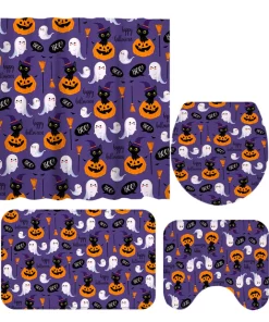 1 Set Floor Mat Strong Water Absorption Decorative Pumpkin Printed 3-Piece Shower Curtain Toilet Seat Cover Set for Daily Use-Black A