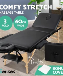 Zenses Massage Table Wooden Portable 3 Fold Beauty Therapy Bed Waxing 60CM BLACK
