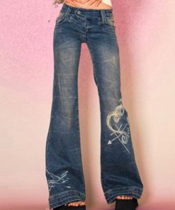 Distressed Washed Print Low Waist Flare Jeans