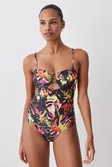 Palm Print Gold Trim Cut Out Swimsuit