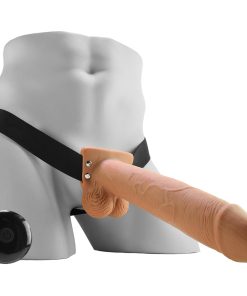 10" Hollow Vibrating Strap-On with Remote in Tan
