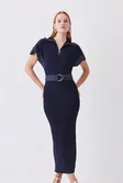 Zip Neck Short Sleeve Belted Midi Dress